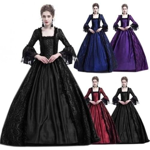 Halloween Women Victorian Medieval Queen Cosplay Costume Masquerade Vitch Vampire Black Gothic Lace Long Court Dress