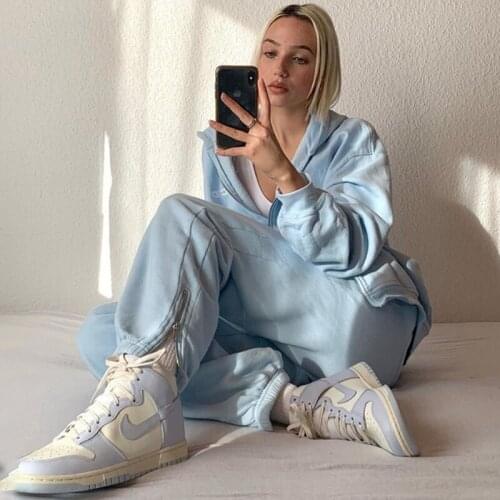 B-TOTO American Retro Baby Blue Hooded Sweater Zipper Jacket Tide Ins Female Two-piece Suit 2021 New Fashion