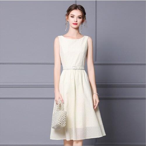 Gentle Sleeveless Sweet Womens Summer Dress White Light Yellow A-Line Lady Skirt Cotton Medium Long Special Elegant OL Dresses