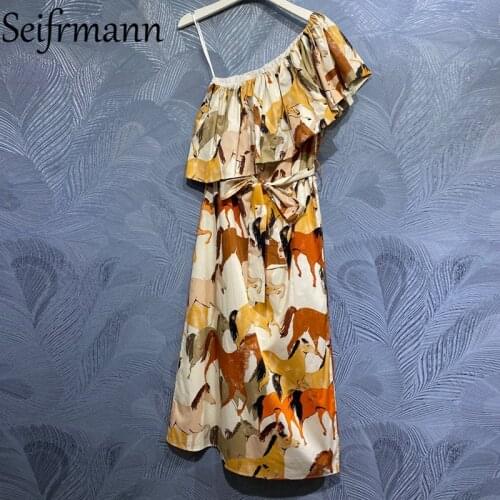 Seifrmann New 2021 Summer Women Fashion Runway Midi Dress Sexy Diagonal collar Ruffles Bow Sashes Print Cotton Dresses Vestidos
