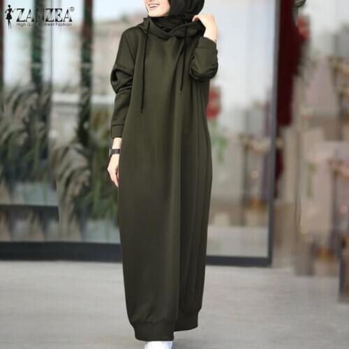 ZANZEA Womens Sweatshirt Dress 2021 Stylish Hoodies Long Sleeve Maxi Dress Female Casual Solid Hooded Vestidos Robe Plus Size