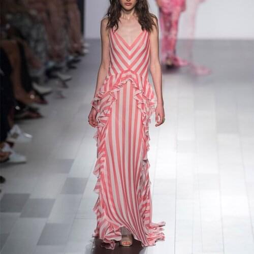 Elegant Pink Striped Ruffles Long Dresses for Women 2021 Summer Casual V-neck Sleeveless Pleated Chiffon Dress Boho Beach
