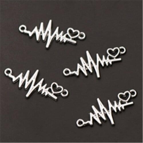 6pcs Silver Plated ECG and Peach Heart Charm Fashion Bracelet Necklace DIY Metal Jewelry Alloy Connectors 33*15mm A991