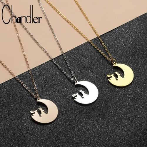 Chandler Bunnies On The Moon Silhouette Rabbit Shaped Animal Pendant Necklace In Silver Handmade Animal Trendy Jewelry