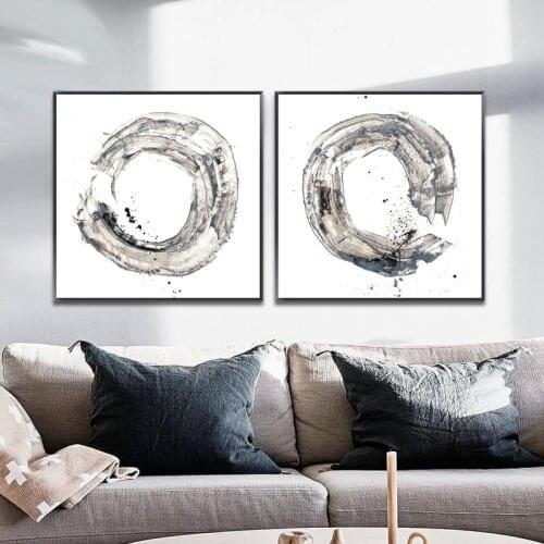 Black and White Water Ink Graffiti Annular Modern Abstract Wall Art Posters Nordic Canvas Painting for Living Room Bedroom Decor