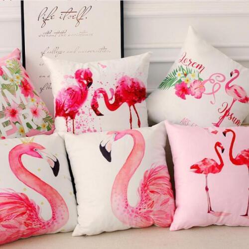 Double Side Print Pink Flamingo Summer Pillow Case Tropical Plant Green Leaves Small Fresh Garland Flower Nordic Cushion Cover