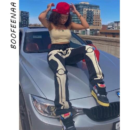 BOOFEENAA Skeleton Patterned Low Rise Jeans Streetwear Women Black Denim Trousers Cyber Y2k Goth Pants Fall 2021 C82-EF60