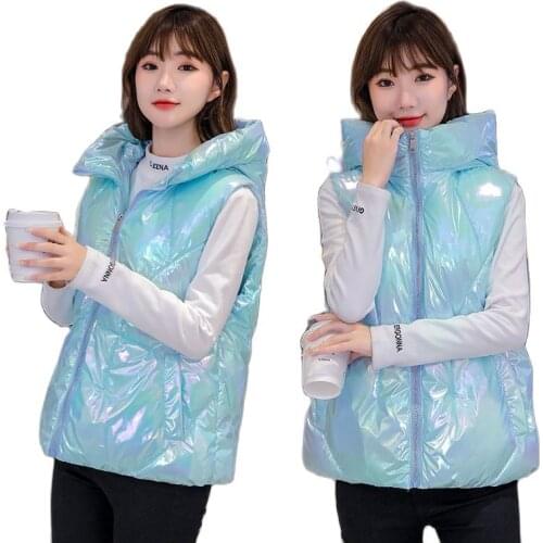 Glossy Down Cotton Vest Womens Short Jacket 2021Autumn Winter New Style Sleeveless Coat Hooded Waistcoat Outwear женская куртка