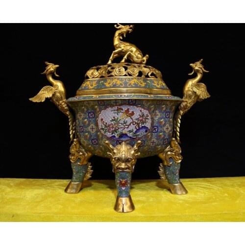 19 " China Pure Bronze cloisonne 24K Gold peony Flower Bird Dragon Lug Vase pot