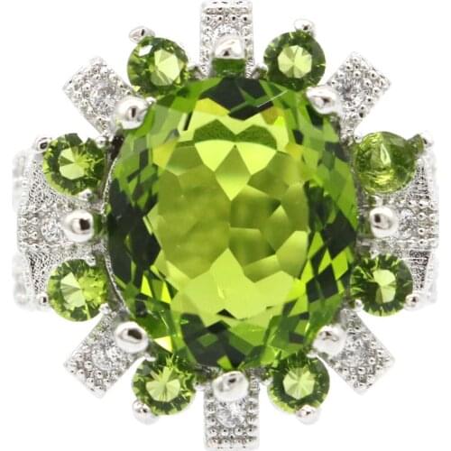 25x21mm Delicate Fine Cut Dazzling SheCrown Big Oval Created Green Peridot Zircon For Women Dating Silver Rings Eye Catching