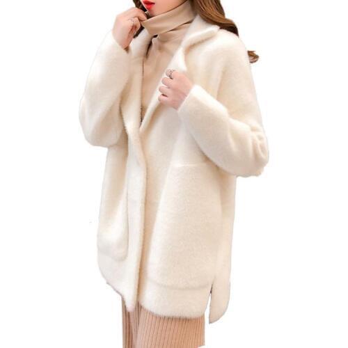 Women 2019 Spring Autumn Faux Mink Cashmere Cardigan Female Elegant Solid Sweater Cardigan Lady Thick Warm Knitted Sweaters