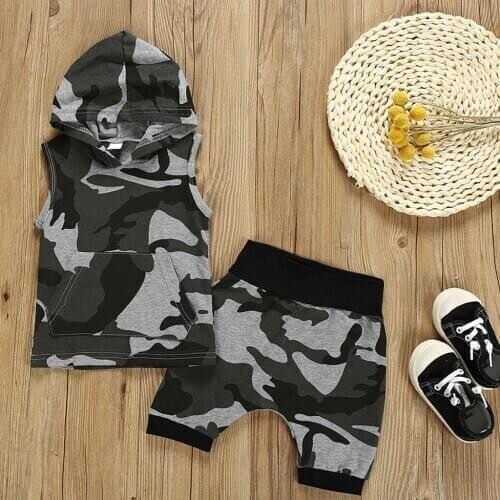 40# Toddler Baby Boys Girls Outfits Sets Sleeveless Camouflage Hooded Tank Top+shorts Childrens Boutique Clothing Детскиекостюмы