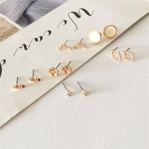 Trendy Rosegold Color Plating Crescent Flower Geometric Ivory Enamel Stone Decorated 6 Pair Stud Earrings Pack For Women Girl