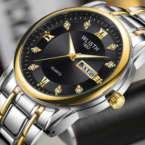 Men Watch Quartz Wristwatch WLISTH Brand Quality Stainless Steel Waterproof Luminous Pointer Diamond Dial Day Date Male Clock