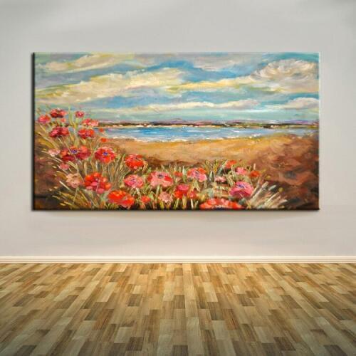 Newest Arrival Handmade Impression Flowers Sea Landscape Oil Painting On Canvas Hand-painted Abstract Red Poppies Oil Paintings