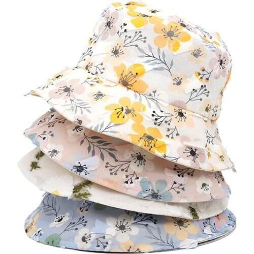 Bucket-Hats Women Flower Print Transparent Lace Fisherman Cat Cotton Fashion Floral Panama Hat Anti-sun Ladies Cap 2021 New