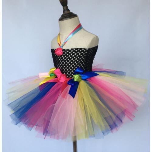 Multicolor Girls Flower Tutu Dress Baby 2Layers Fluffy Tulle Dress Ballet Dance Tutu with Ribbon Bow Kids Black Crochet Dresses