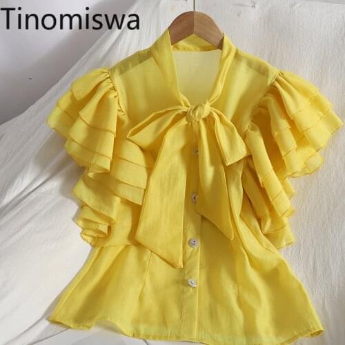 Tinomiswa Korean Chic Blouses Blusas Mujer Unicolor Ruffle Patchwork Bow Knot Lace Up Elegant Shirts Single Breasted Chemises