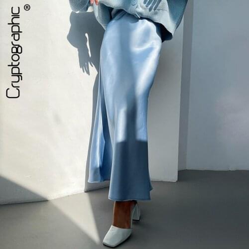 Cryptographic Fashion Silky Satin Elegant High Waisted Midi Skirts for Women Clubwear Party Straight Skirts Bottom Clothes
