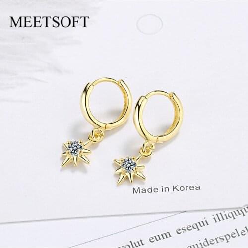 MEETSOFT Sterling Silver Prevent Allergy Hoop Earrings for Women Trendy Chain Small Round Crystal Jewelry Gift