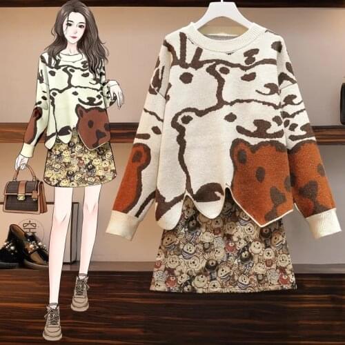 Half-length skirt suit female plus size autumn Korean version of the bear print knitted sweater sweater mini skirt two-piece set