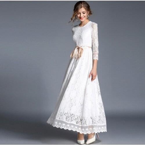 Woman summer long knee-lenght dress women elegant dress and ladies dress O-Neck Vintage lace dress for women