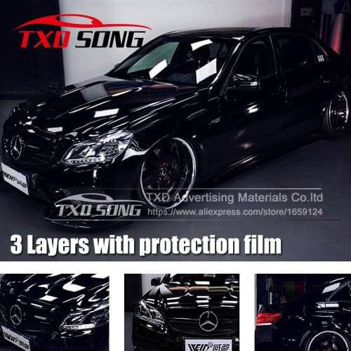 10/20/30/40/50/60CM X 152CM/LOT 3 layers Black Bright Glossy Black Vinyl Car Decal Wrap Sticker Black Gloss Film Wrap Retail