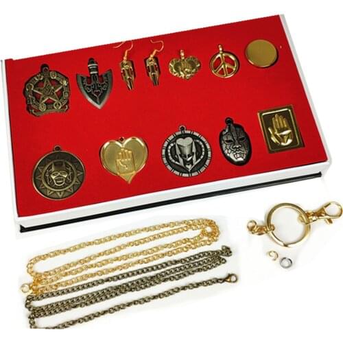 12pcs/box Anime JoJos Bizarre Adventure alloy metal necklace keychain badge box packed pendant toys Gifts