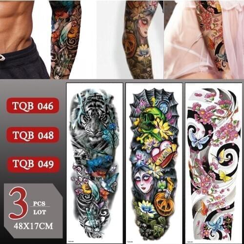 3 pcs/lot Full Arm Waterproof Temporary Tattoo Sticker Large Arm Sleeve Fake Tattoos For Men Women Tiger Skull Arm Sticker