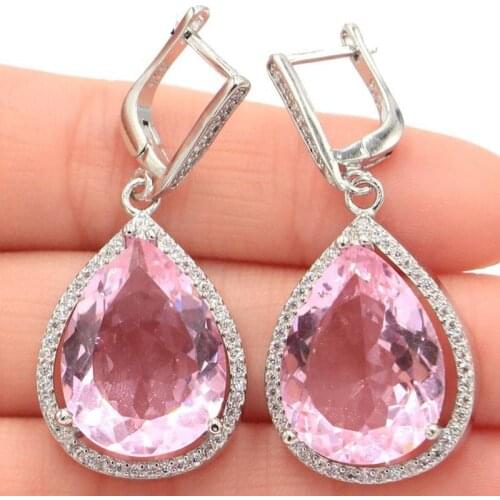43x19mm Big European Design Jewelry Set 17g Created Pink Kunzite White CZ Women Dating Silver Pendant Earrings Eye Catching