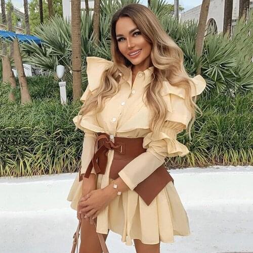 Free shipping Sweet Dress Womens Fashion Lantern Sleeve Ruffle A-line Pleated Mini Dress & Leather Lace-Up Girdle Dress Vestido