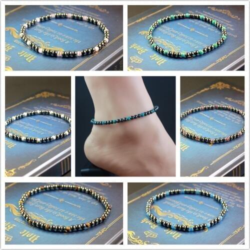 Magnetic Hematite Round Beads Beaded Anklet 4MM Strechy Anklet with Cat Eye Stone Handmade Jewelry Health-care ANK1007