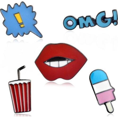 Cute Cartoon Style Red Lips OMG Ice Cream Drinks Exclamation Mark Enamel Pin Black Cat Animal Brooch Collar Badge Jewelery Men