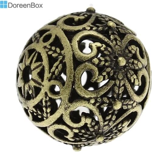 Doreen Box Copper Spacer Beads Round Antique Bronze Flower Pattern Hollow 17mm x 16mm For DIY Jewelry Making,Hole:2mm, 5PCs