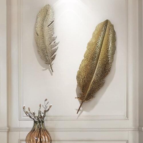 European Gold Wrought Iron Luxury 3D Wall Hanging Feather Crafts Decoration Hotel Home Livingroom Wall Sticker Mural Ornaments