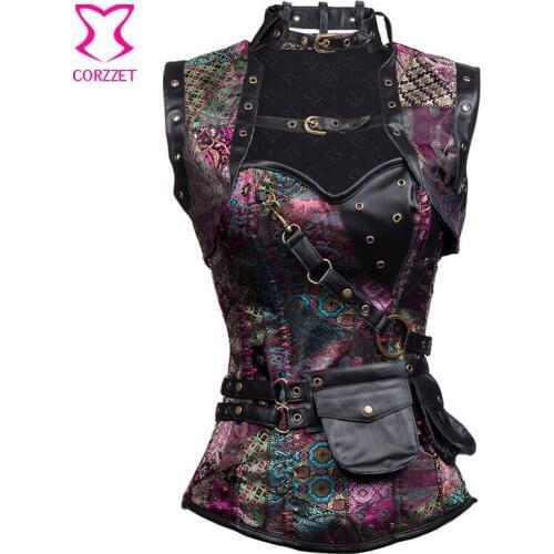 Purple Vintage Brocade Leather Steel Boned Overbust Steampunk Corset with Pouch Belt and Jacket Set Plus Size Gothic Clothing
