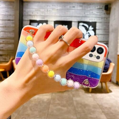 Gradient Glitter Rainbow Bead Wrist Chain Phone Case For Samsung A51 A71 A31 A12 A20S A02S A20 A21S A81 A91Soft Protection Cover