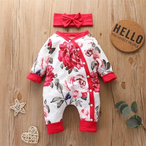 2pcs Toddler Infant Baby Girls Romper Flower Print Jumpsuit + Headband Sets Newborn Baby Outfits Autumn Casual Girl Clothing