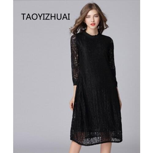 TAOYIZHUAI autumn new arrival casual style loose lace dress black color solid plus size knee lenght party office dress 16030