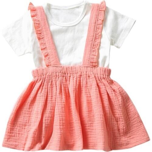 Summer Baby Girl Clothes Set Short Sleeve Solid Pattern Cotton T-shirt Blouse Mini Strap Skirts Children Kids Clothing Set