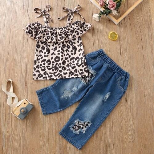 Girls Summer Clothes Stylish Girls Lacing Leopard Top Ripped Jeans Suit Cotton Girls Clothing Sets 2pcs Outfits Fashion Clothin