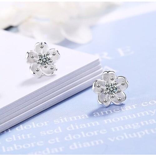 Cute Romantic Cherry Blossoms Stud Earrings For Girls Colorful Zircon Stone Tiny Flower Korean Female Daily Earring Accessories