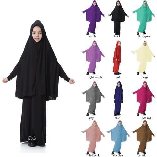 Muslim Girl Maxi Dress Jilbab Islamic Prayer Clothing Headscarf Ramadan Hijab Sets Children Abaya Gilrs Long Robe Caps Skirts