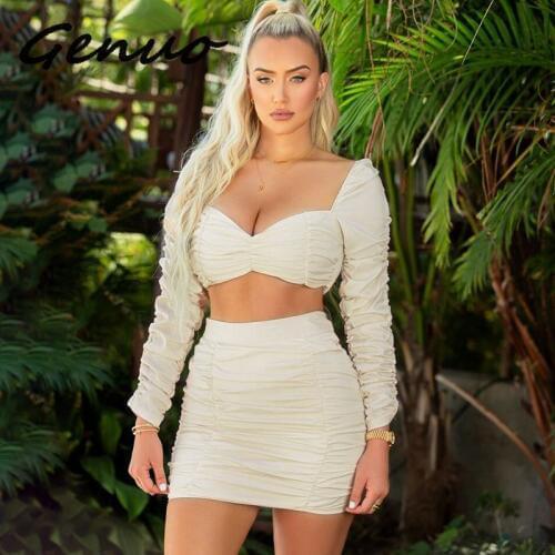 Genuo New 2019 Sexy Two Piece Set Ruched Long Sleeve Crop Top And Skirt Fall Winter 2019 Kyliejenner Sexy Club Outfits