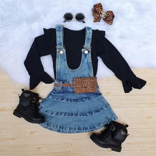 1-4Y Fashion Toddler Baby Girls Clothes Set Solid Flare Long Sleeve Pullovers Tops Denim Suspender Skirt 2pcs Kid Outfit