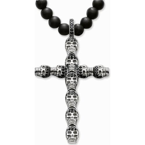 Skull Cross Pendant Necklace Women Men 925 Sterling Silver Black Obsidian Bead Thomas Style Skeleton Fashion Jewelry Accessories