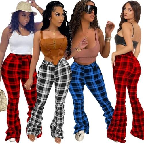 Echoine Sexy Plaid Print Pleated Slim Flared Pants Ladies Casual Sports Trousers Vintage All-match Streetwear Fall Woman Clothes
