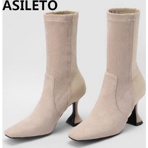 ASILETO Sexy Women Ankle Boots Square Toe Thin Heel Stretch Sock Bootie Faux Suede Slip on Big Size 43 Black Brown S2460