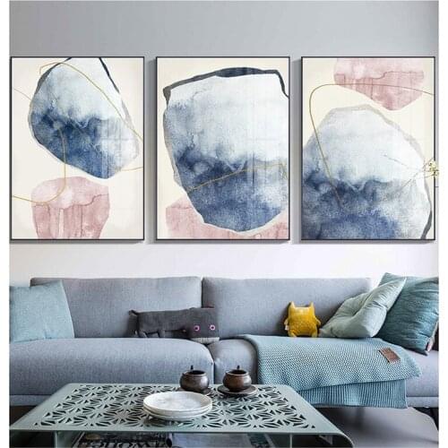 Blue Watercolor Canvas Prints Painting Abstract Golden Lines Poster Nordic Mural Pictures on Canvas Living Room Home Decoration