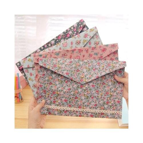 Floral A4 File Envelope Fabric Document Bag Portable Paper Pockets Portfolio Letter Folder with Snap Button Closure
